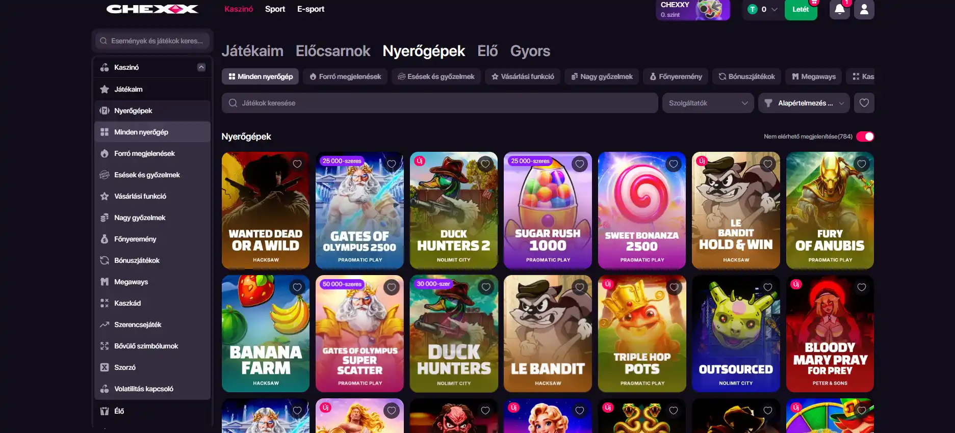 CHEXX kaszinólobbi játékcsempékkel és többféle szűrési lehetőséggel