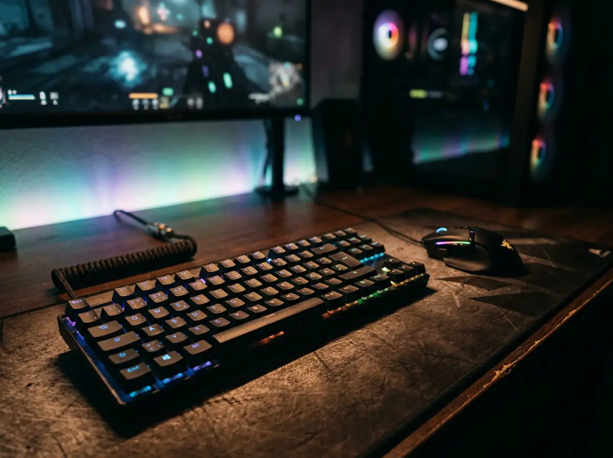 Számítógépes egér és billentyűzet egy gaming asztalon RGB-világítással