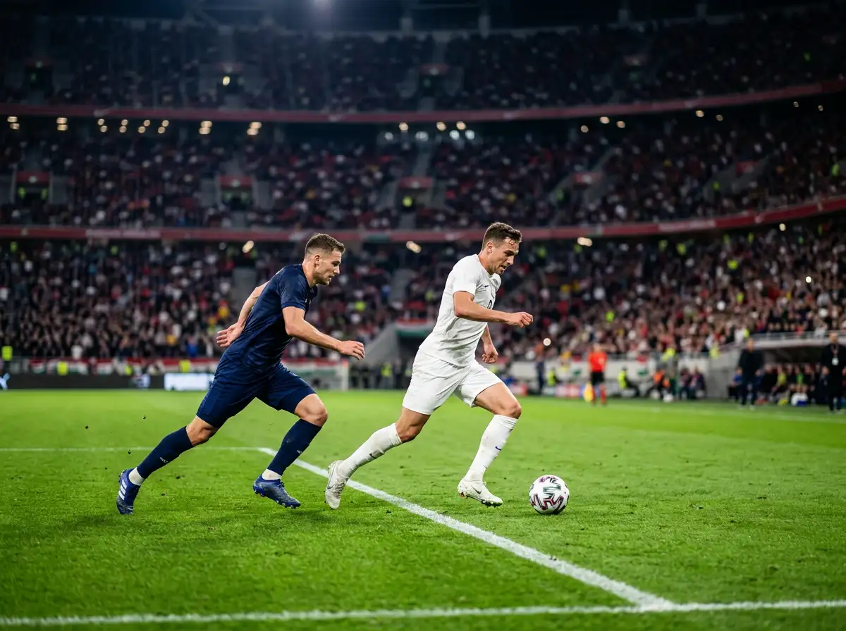 Élő futballmeccs alakulása egy stadion fent megvilágított pályáján