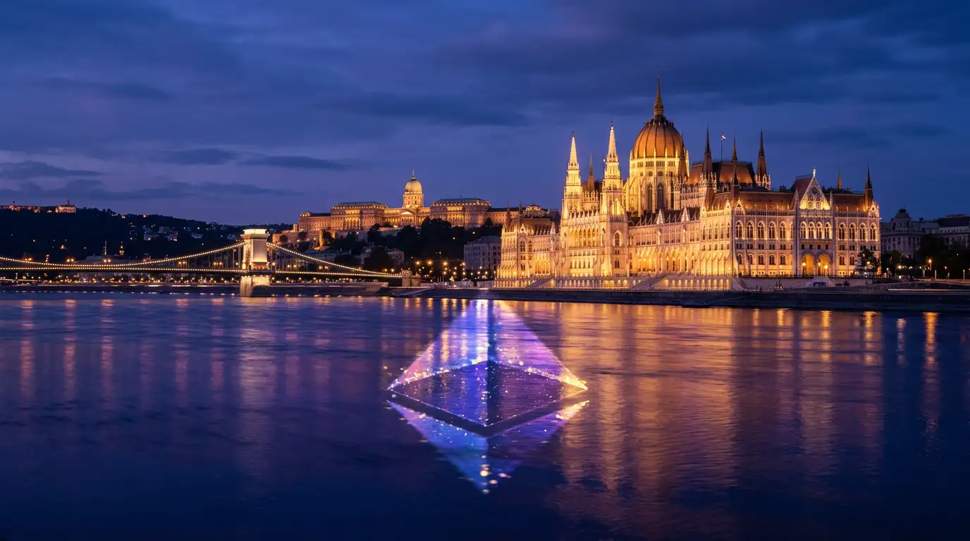 Ethereum fogadás Magyarországon 2026 — éjszakai Budapest panorámája Étertét felirattal