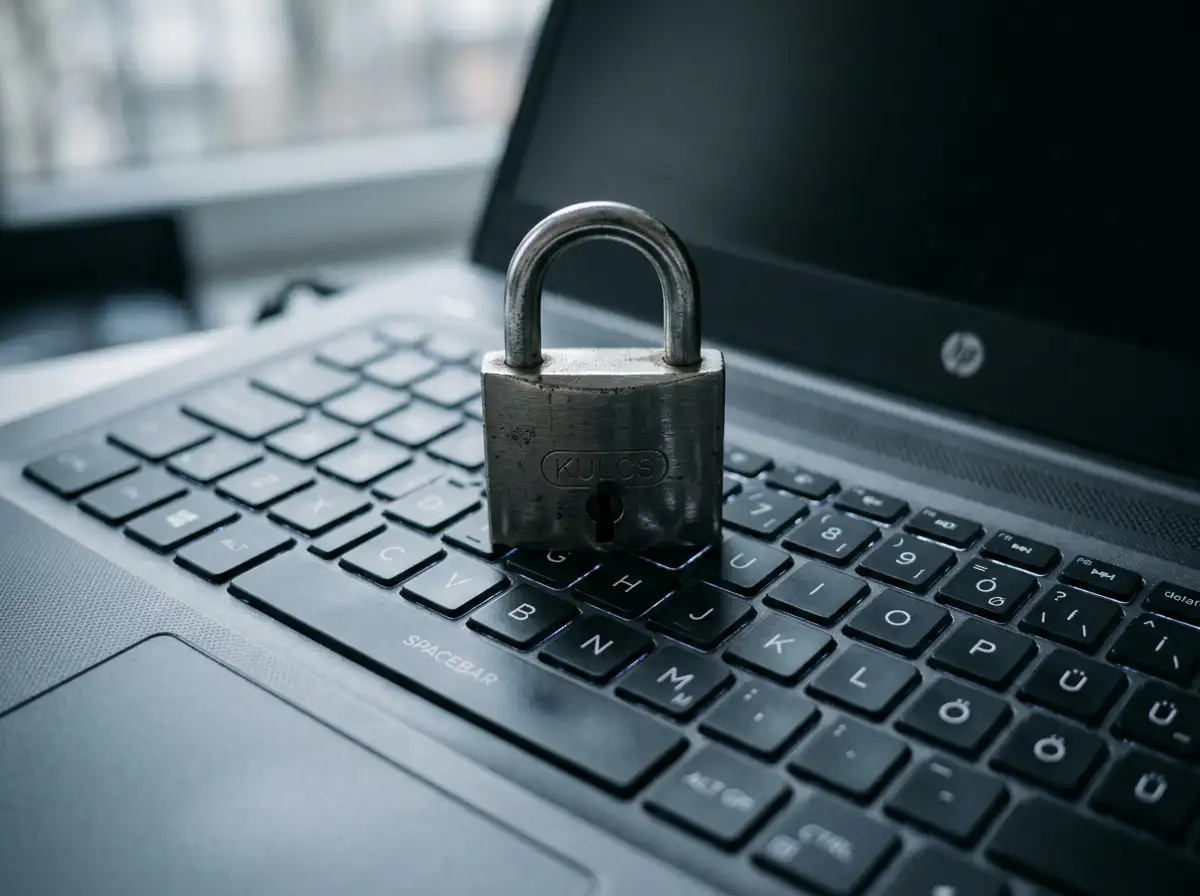 Lakatra hasonlító zár egy laptop billentyűzetén szürkés fényben