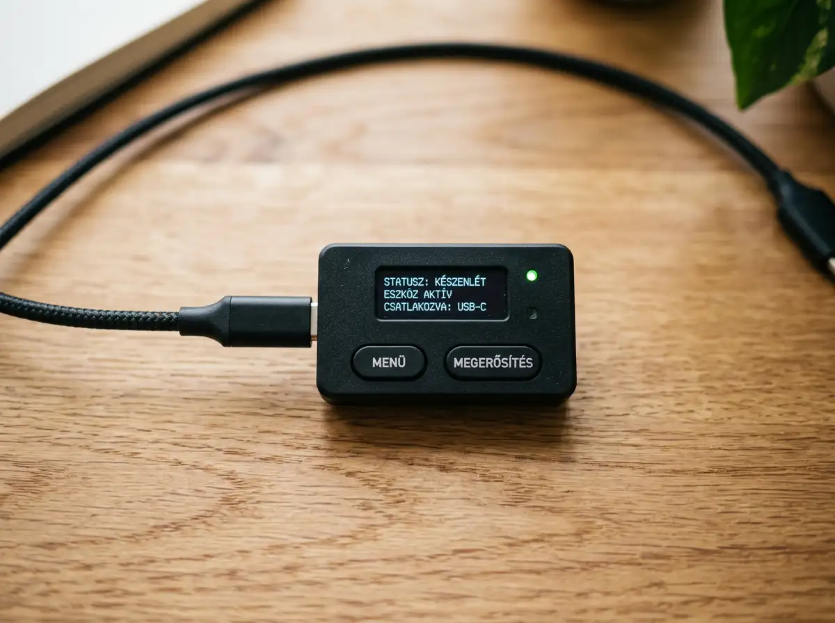 Kis fekete hardver eszköz USB-kábellel egy fa asztalon