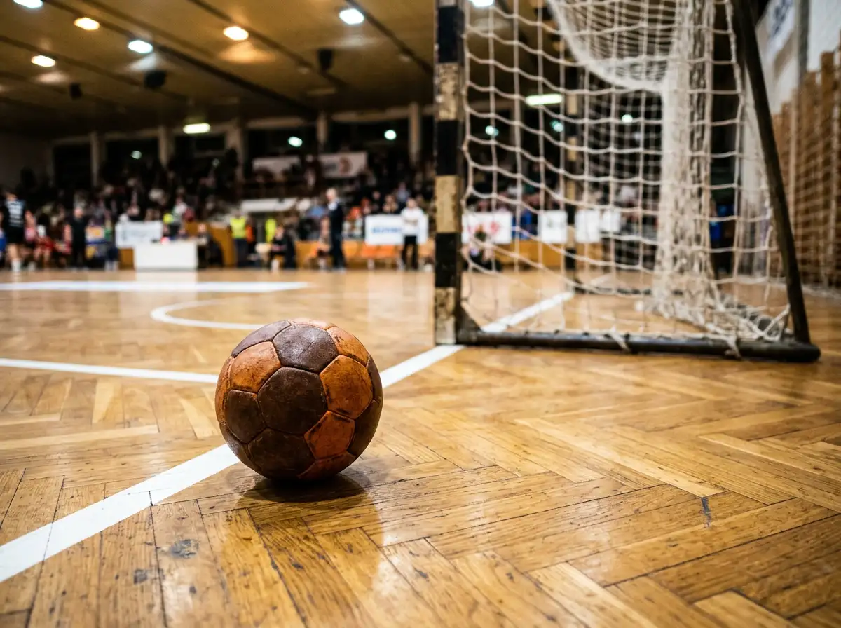 Kézilabda egy fapadlós sportcsarnok hatszögletű kapuelőterében
