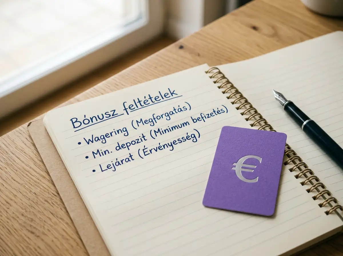 Asztalon nyitott jegyzetfüzet euró jellel és bónuszfeltételek listájával
