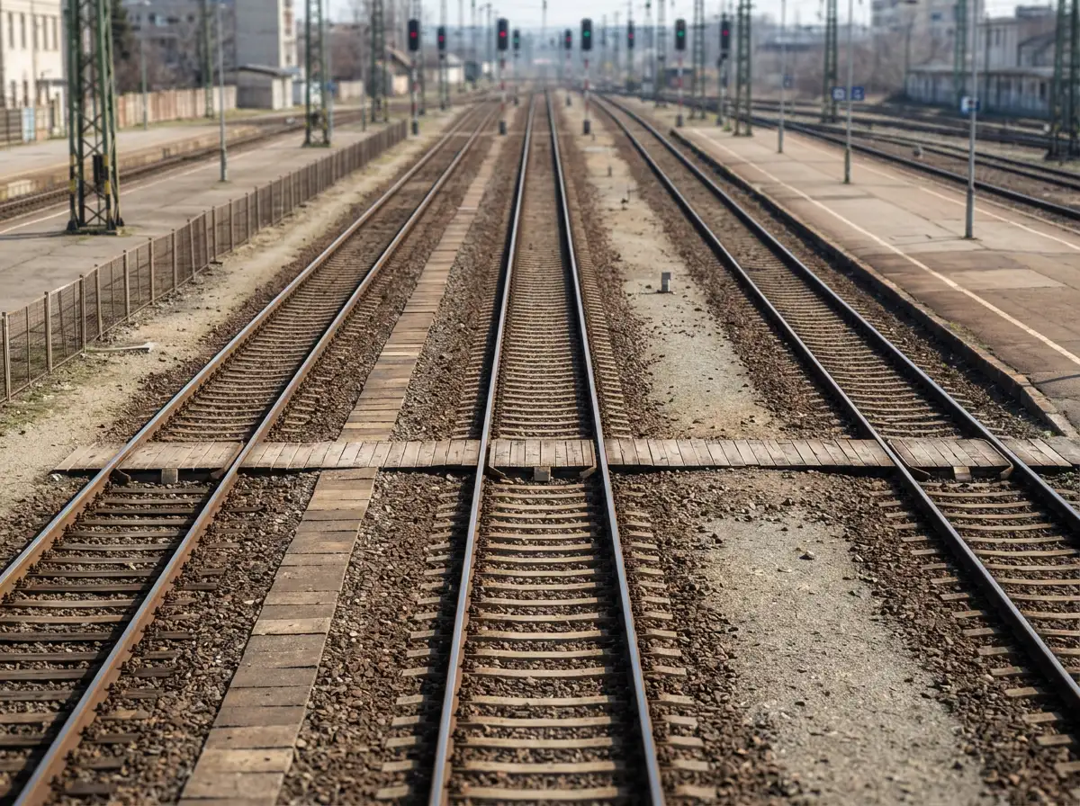 Több vasúti sín párhuzamosan futva egy állomáson napsütésben