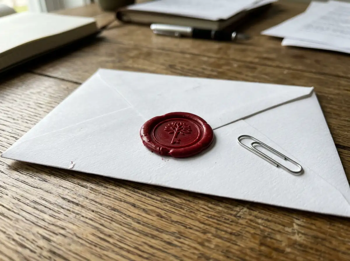 Lezárt vörös pecsétes papírboríték irodai asztalon
