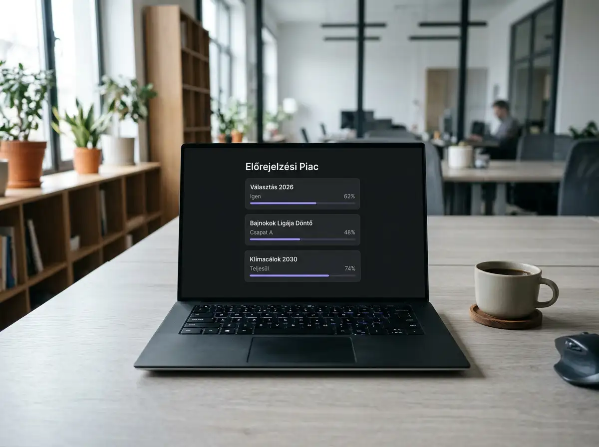 Prediction market eseményvolumenét bemutató áttekintő képernyő egy laptopon
