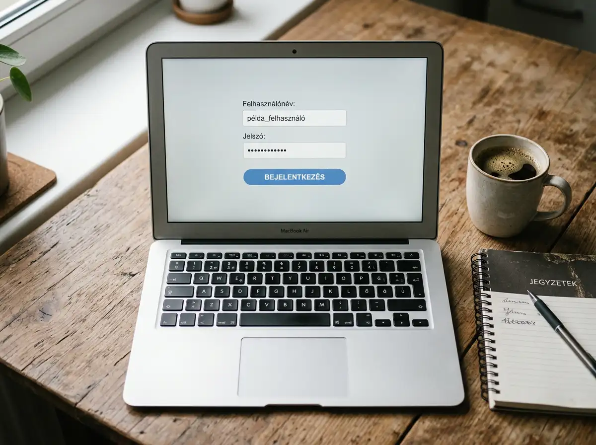 Laptop bejelentkezési mezőkkel egy semleges íróasztalon