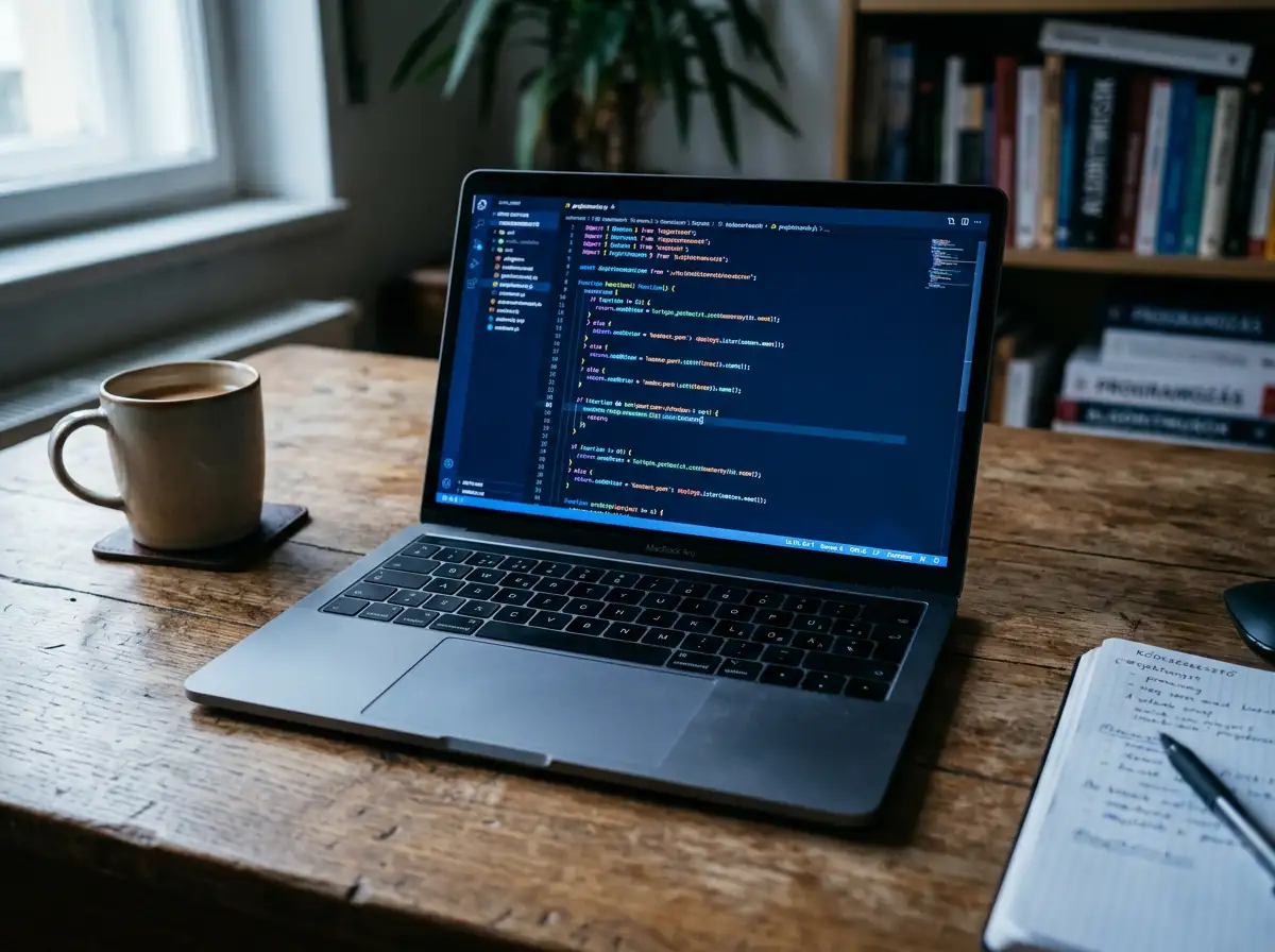 Programkódot megjelenítő laptop képernyő félárnyékos szobában